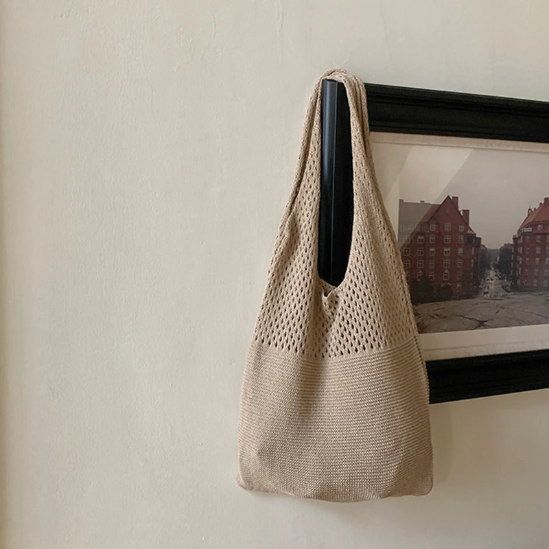 New Trend Women's Bag Crochet Handbag Retro Knitted Braid Solid Color Hollow Black Khaki Top-handle Tote Bag Shopper