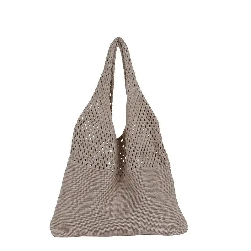 New Trend Women's Bag Crochet Handbag Retro Knitted Braid Solid Color Hollow Black Khaki Top-handle Tote Bag Shopper