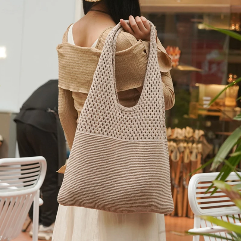New Trend Women's Bag Crochet Handbag Retro Knitted Braid Solid Color Hollow Black Khaki Top-handle Tote Bag Shopper