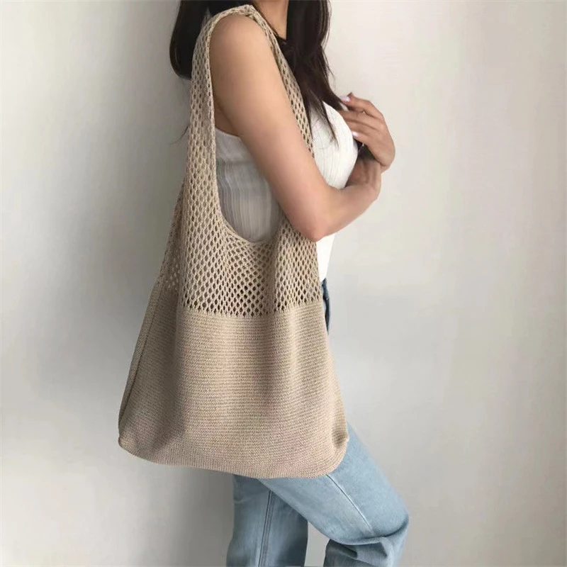 New Trend Women's Bag Crochet Handbag Retro Knitted Braid Solid Color Hollow Black Khaki Top-handle Tote Bag Shopper