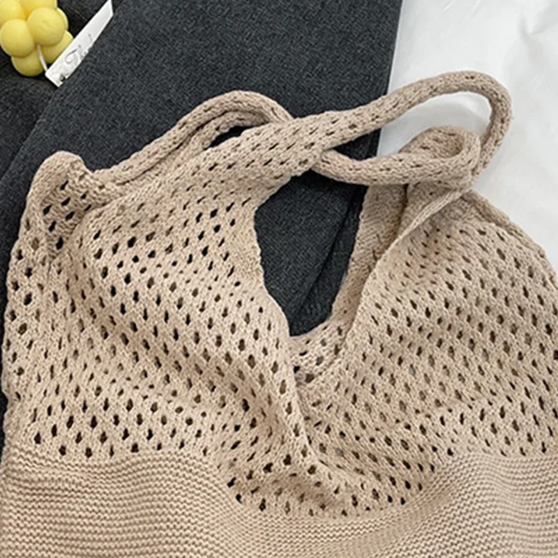 New Trend Women's Bag Crochet Handbag Retro Knitted Braid Solid Color Hollow Black Khaki Top-handle Tote Bag Shopper