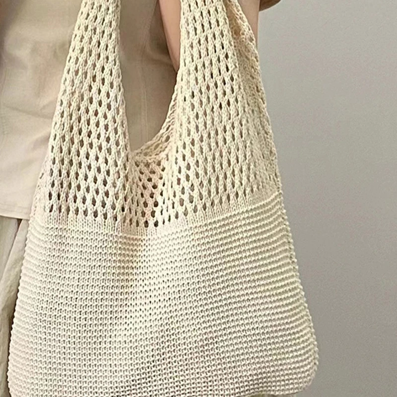 New Trend Women's Bag Crochet Handbag Retro Knitted Braid Solid Color Hollow Black Khaki Top-handle Tote Bag Shopper