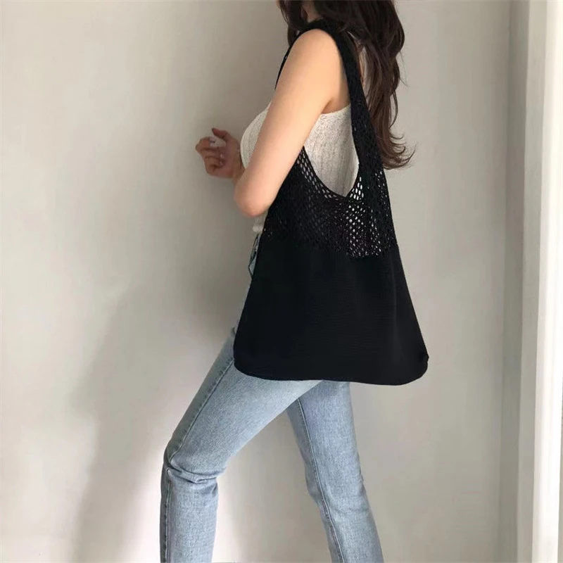 New Trend Women's Bag Crochet Handbag Retro Knitted Braid Solid Color Hollow Black Khaki Top-handle Tote Bag Shopper