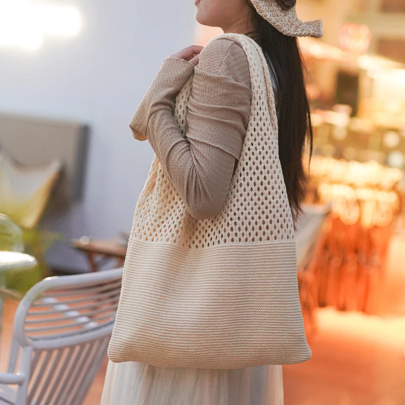 New Trend Women's Bag Crochet Handbag Retro Knitted Braid Solid Color Hollow Black Khaki Top-handle Tote Bag Shopper