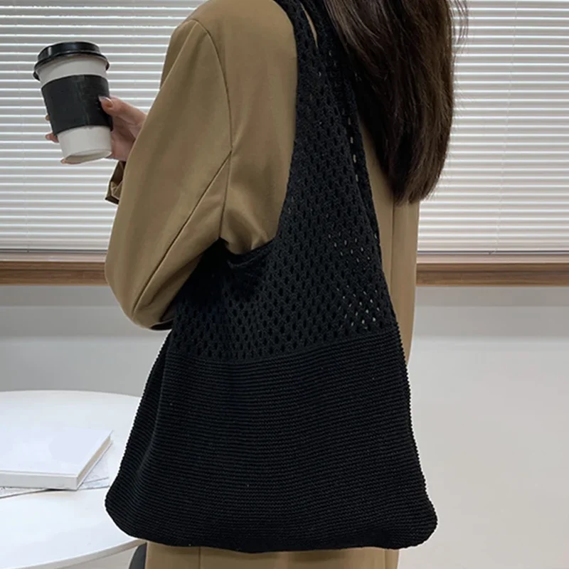 New Trend Women's Bag Crochet Handbag Retro Knitted Braid Solid Color Hollow Black Khaki Top-handle Tote Bag Shopper