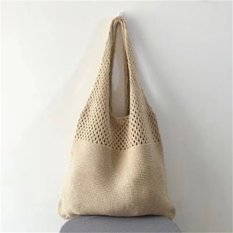 New Trend Women's Bag Crochet Handbag Retro Knitted Braid Solid Color Hollow Black Khaki Top-handle Tote Bag Shopper