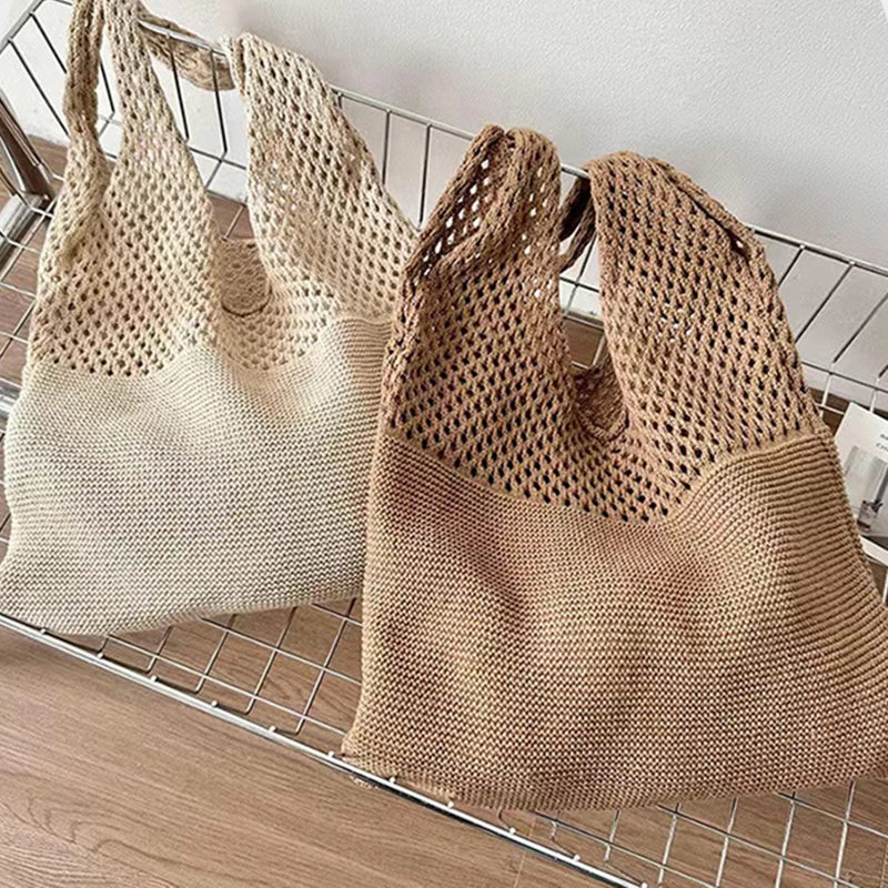 New Trend Women's Bag Crochet Handbag Retro Knitted Braid Solid Color Hollow Black Khaki Top-handle Tote Bag Shopper