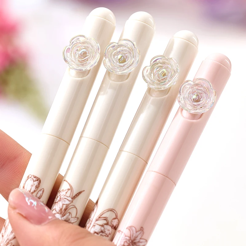 4PCS/Set Flower Gel Pen 0.5MM Quick Dry Gel Ink Pen For Students Creative Rotate Writing Pen Black Refill Neutral Pen Stationery