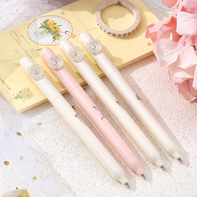 4PCS/Set Flower Gel Pen 0.5MM Quick Dry Gel Ink Pen For Students Creative Rotate Writing Pen Black Refill Neutral Pen Stationery