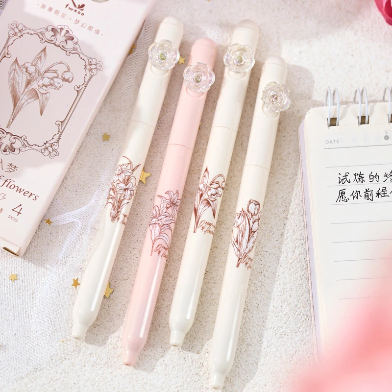 4PCS/Set Flower Gel Pen 0.5MM Quick Dry Gel Ink Pen For Students Creative Rotate Writing Pen Black Refill Neutral Pen Stationery