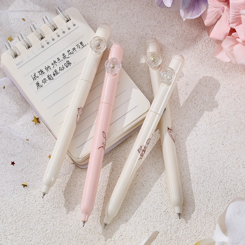 4PCS/Set Flower Gel Pen 0.5MM Quick Dry Gel Ink Pen For Students Creative Rotate Writing Pen Black Refill Neutral Pen Stationery