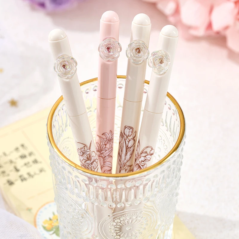 4PCS/Set Flower Gel Pen 0.5MM Quick Dry Gel Ink Pen For Students Creative Rotate Writing Pen Black Refill Neutral Pen Stationery