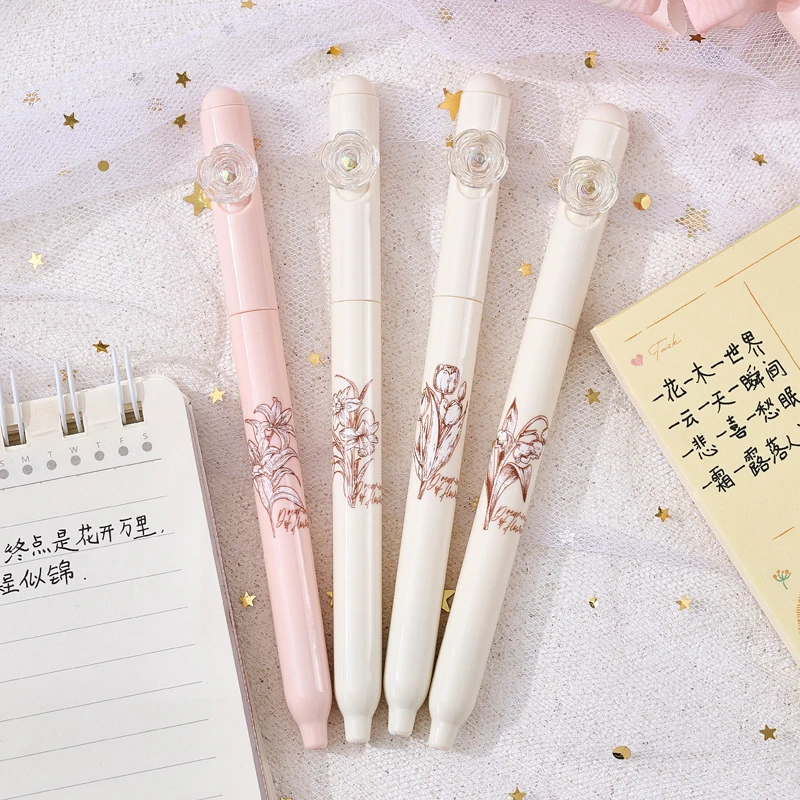 4PCS/Set Flower Gel Pen 0.5MM Quick Dry Gel Ink Pen For Students Creative Rotate Writing Pen Black Refill Neutral Pen Stationery