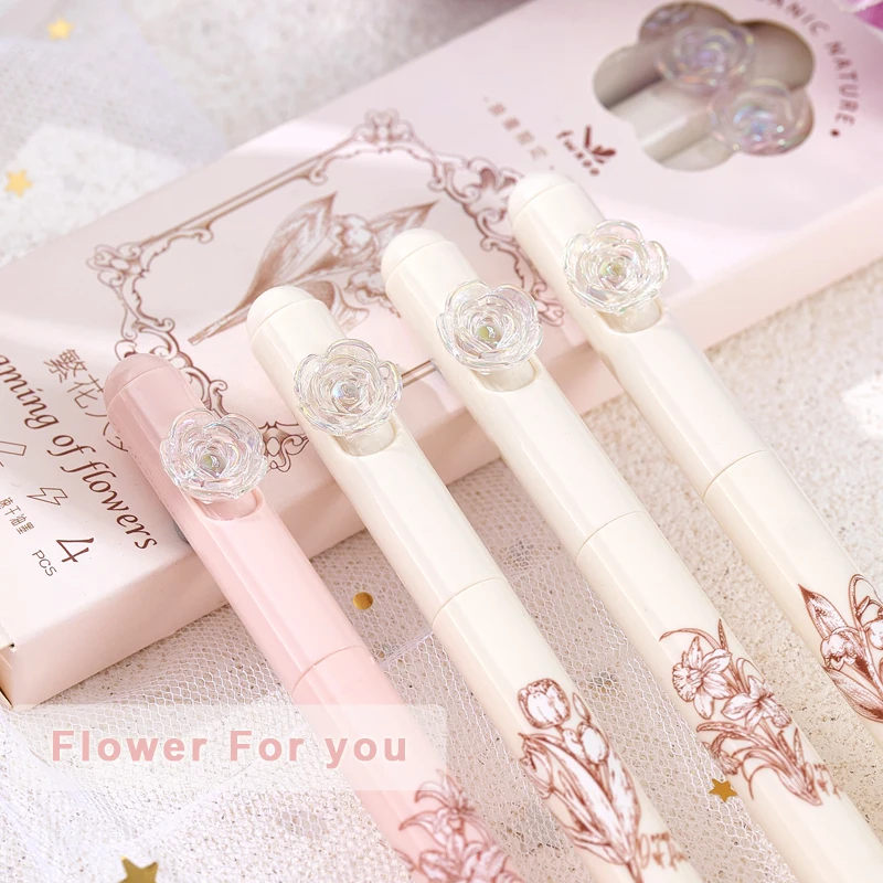 4PCS/Set Flower Gel Pen 0.5MM Quick Dry Gel Ink Pen For Students Creative Rotate Writing Pen Black Refill Neutral Pen Stationery