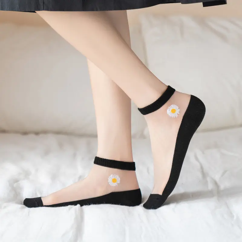 5Pairs/Lot Sexy Mesh Fishnet Socks Ultra-thin Transparent Women Socks for summer Glass fiber Silk Socks daisy Flower Ankle Socks