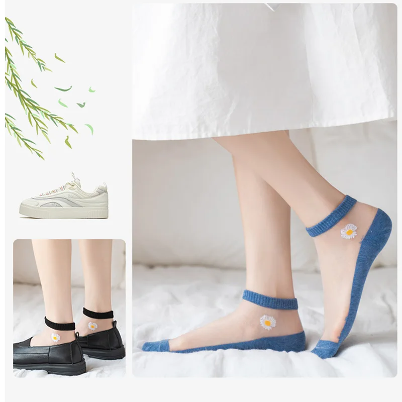 5Pairs/Lot Sexy Mesh Fishnet Socks Ultra-thin Transparent Women Socks for summer Glass fiber Silk Socks daisy Flower Ankle Socks