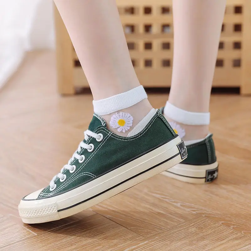 5Pairs/Lot Sexy Mesh Fishnet Socks Ultra-thin Transparent Women Socks for summer Glass fiber Silk Socks daisy Flower Ankle Socks