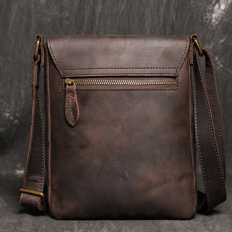 Vintage Genuine Leather Dark Crossbody Bag Phone Bag Fashion Sling Bag MEN'S Cowhide Shoulder Bag 7.9-inch iPad Bag