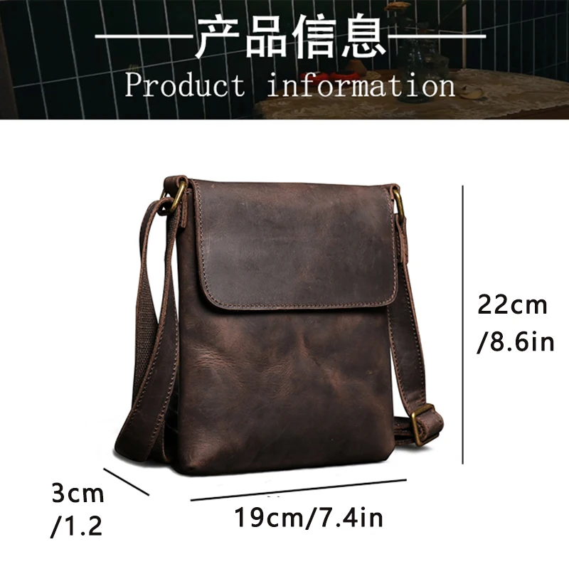 Vintage Genuine Leather Dark Crossbody Bag Phone Bag Fashion Sling Bag MEN'S Cowhide Shoulder Bag 7.9-inch iPad Bag