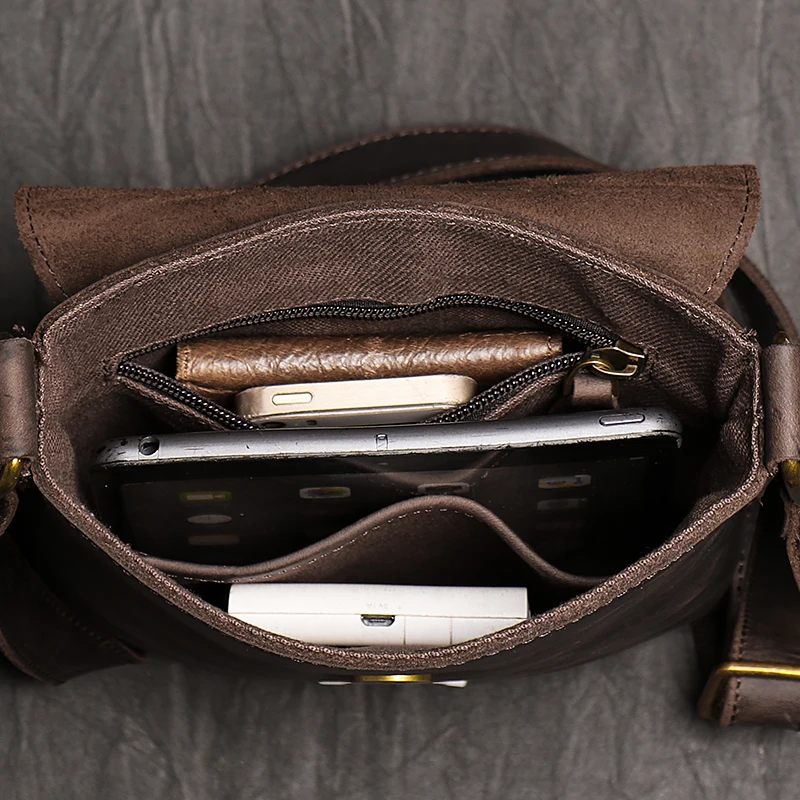 Vintage Genuine Leather Dark Crossbody Bag Phone Bag Fashion Sling Bag MEN'S Cowhide Shoulder Bag 7.9-inch iPad Bag