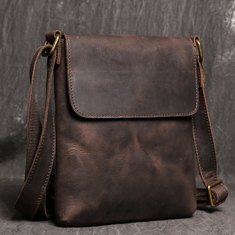 Vintage Genuine Leather Dark Crossbody Bag Phone Bag Fashion Sling Bag MEN'S Cowhide Shoulder Bag 7.9-inch iPad Bag