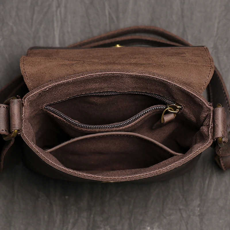 Vintage Genuine Leather Dark Crossbody Bag Phone Bag Fashion Sling Bag MEN'S Cowhide Shoulder Bag 7.9-inch iPad Bag