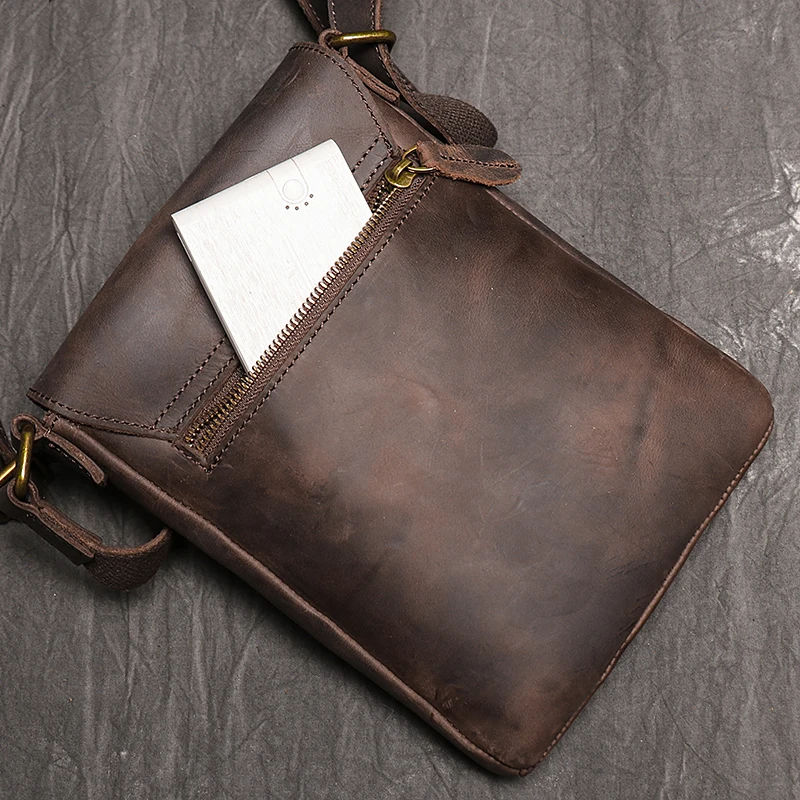 Vintage Genuine Leather Dark Crossbody Bag Phone Bag Fashion Sling Bag MEN'S Cowhide Shoulder Bag 7.9-inch iPad Bag