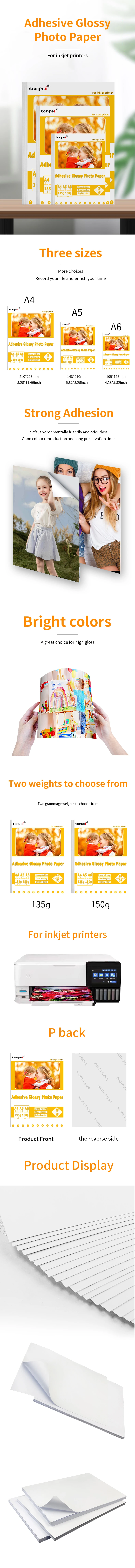 Adhesive Backed Photo Paper A4 A5 A6 Single-Sided Glossy Sticker 135G 150G Inkjet Printer Use Self-adhesive Photo Paper