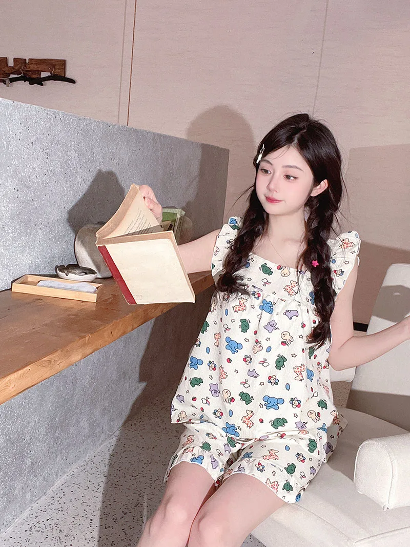 Allover Cartoon Print Lounge Set Ladies Summer Cute Ruffle Sleeve Square Neck Top & Shorts Kawaii Women's Loungewear Summer