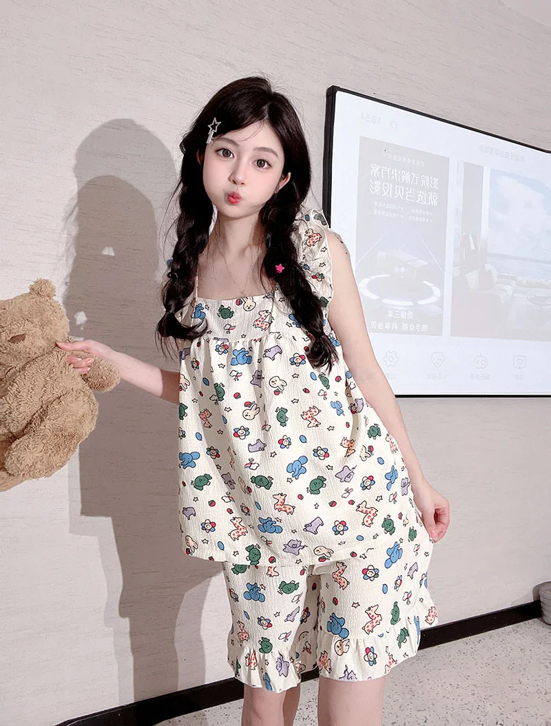 Allover Cartoon Print Lounge Set Ladies Summer Cute Ruffle Sleeve Square Neck Top & Shorts Kawaii Women's Loungewear Summer