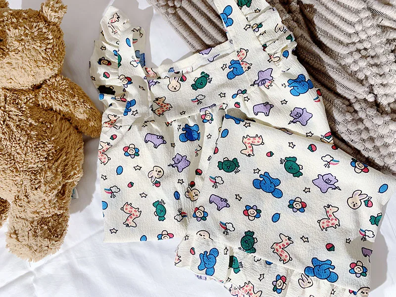 Allover Cartoon Print Lounge Set Ladies Summer Cute Ruffle Sleeve Square Neck Top & Shorts Kawaii Women's Loungewear Summer