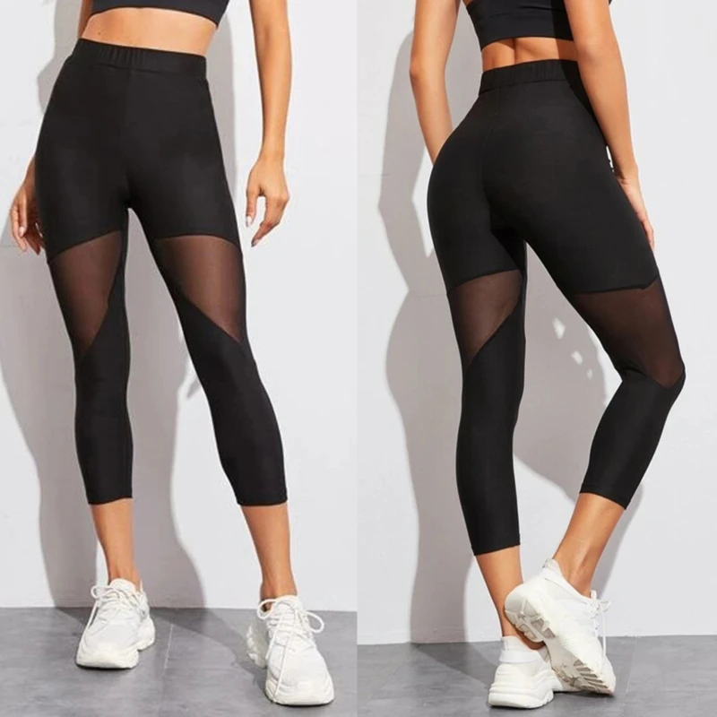 Perspective Mesh Patchwork Fitness Leggings Women's Yoga Jeggings Leggins Female Elastic Capri Pants Women Legging Black