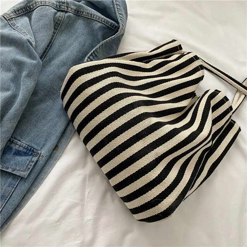 Large Capacity Canvas Women Shopper Tote Simple Striped Shoulder Bag Female Casual Multifunctional Travel Top-handle Handbag