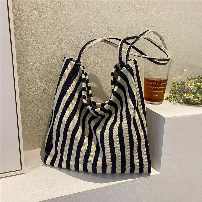 Large Capacity Canvas Women Shopper Tote Simple Striped Shoulder Bag Female Casual Multifunctional Travel Top-handle Handbag