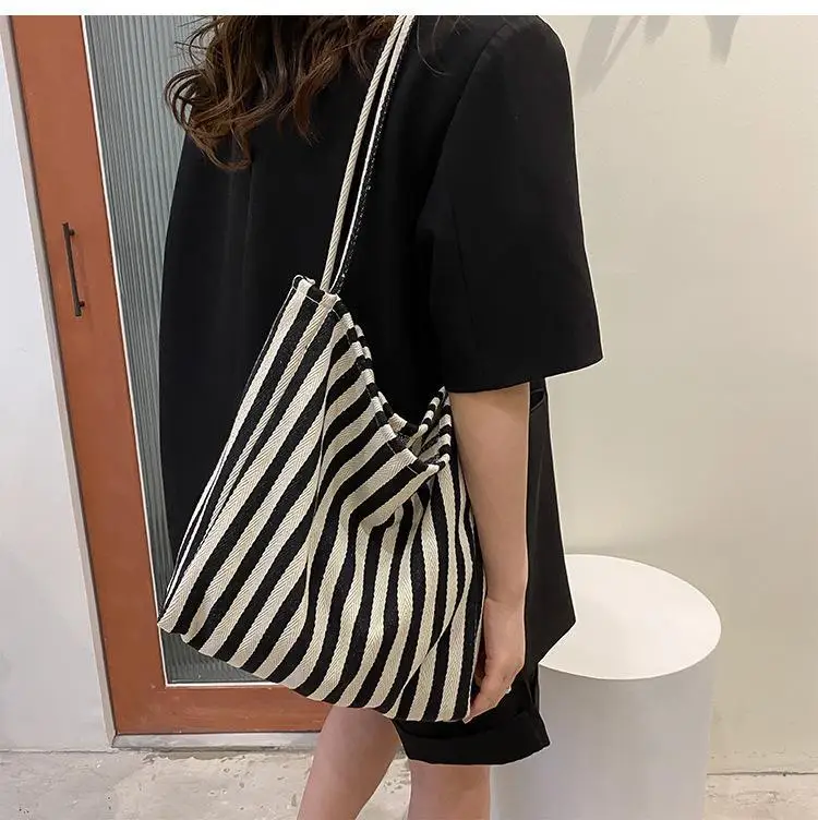 Large Capacity Canvas Women Shopper Tote Simple Striped Shoulder Bag Female Casual Multifunctional Travel Top-handle Handbag