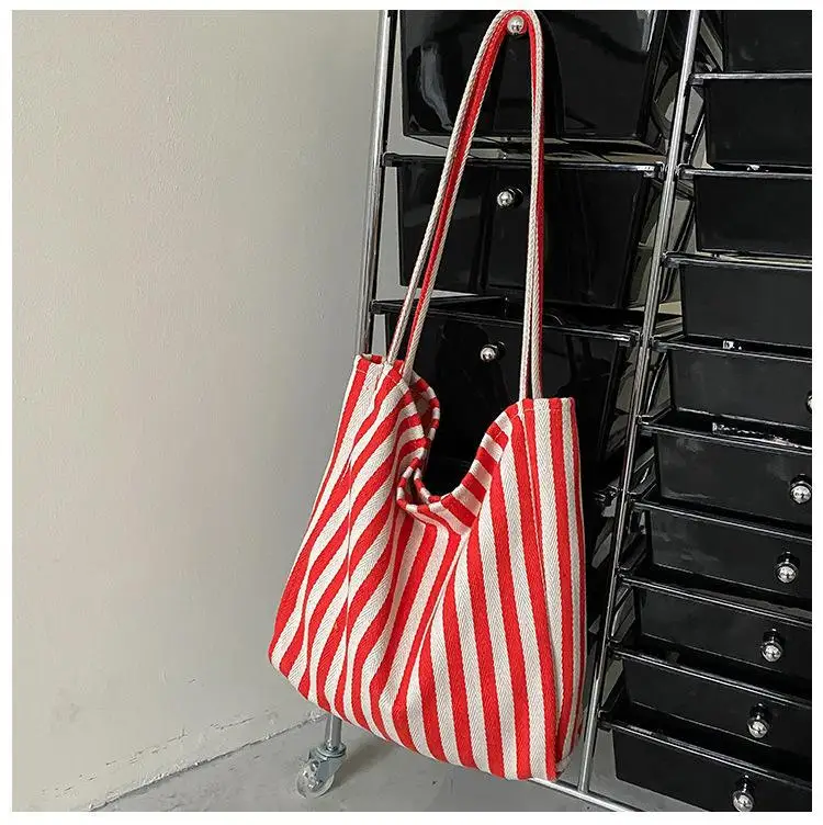 Large Capacity Canvas Women Shopper Tote Simple Striped Shoulder Bag Female Casual Multifunctional Travel Top-handle Handbag