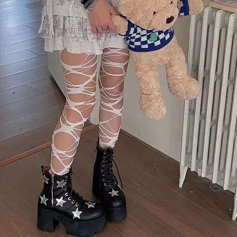 Punk Hollow Fishnet Stockings for Women Spider Web Torn Strap Holes Tights Girls Lolita Ragged Pantyhose Party Socks Pantyhose