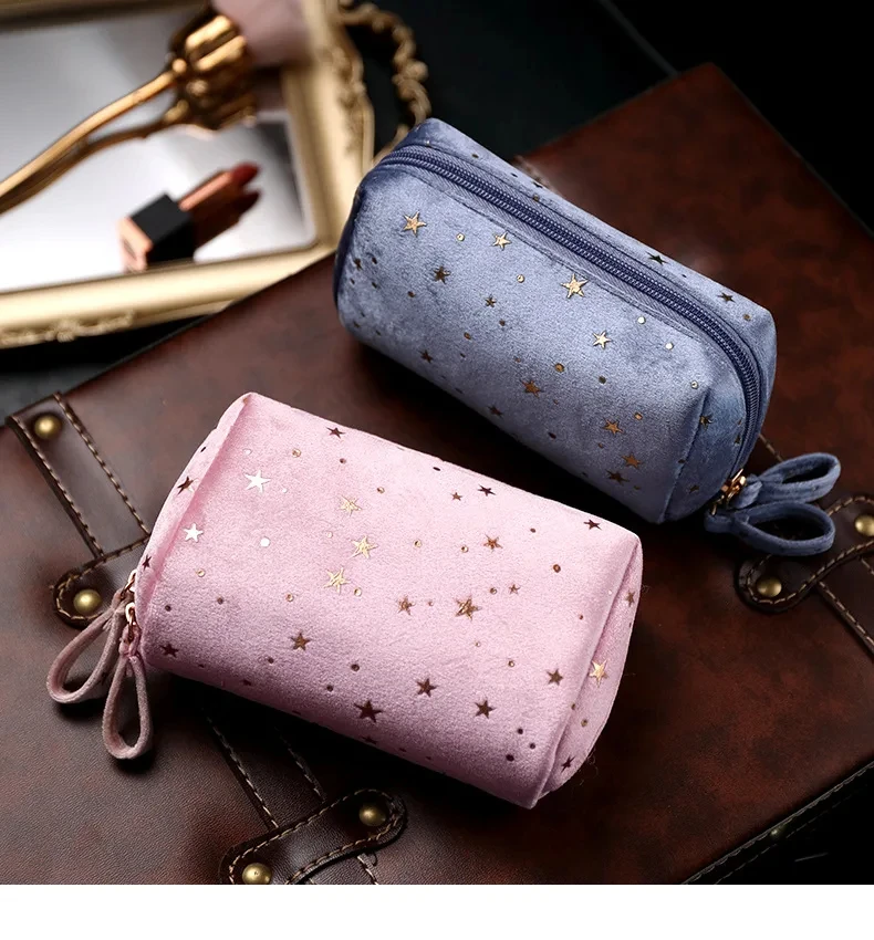 Portable Travel Small Cosmetic Bag Flannel Cosmetic Storage Bag Hand Flannel Women's Large Capacity Starry Sky Cosmetic Bag