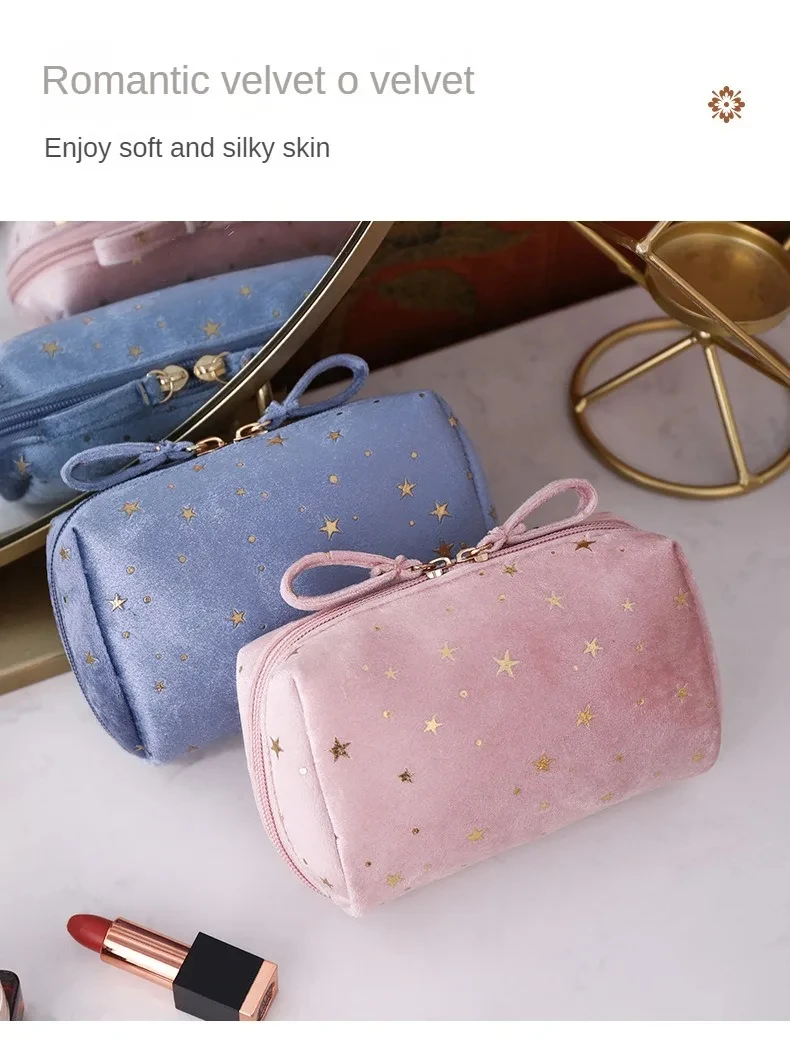 Portable Travel Small Cosmetic Bag Flannel Cosmetic Storage Bag Hand Flannel Women's Large Capacity Starry Sky Cosmetic Bag