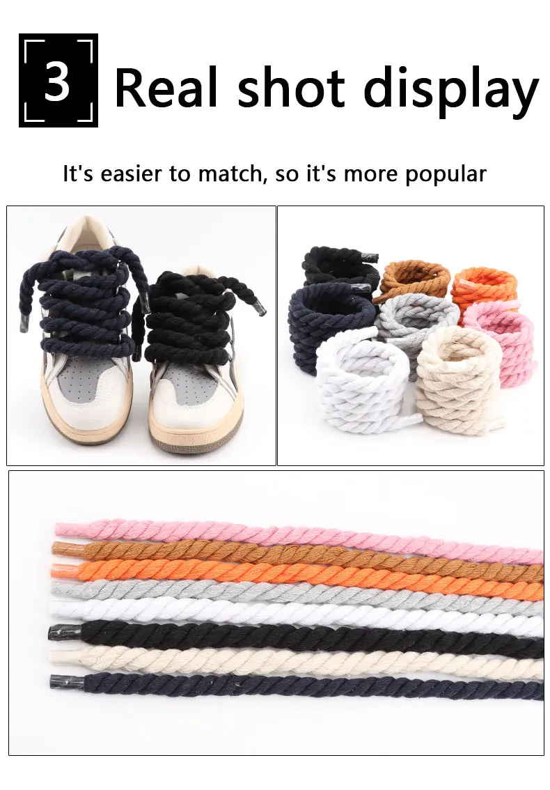 Round Shoelace 10mm Shoelace Hand-woven Universal Three-strand Cotton Rope Solid Color Bold Cotton Twist Decoration Shoe Laces