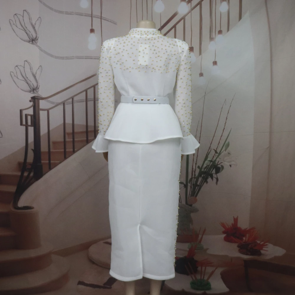 Fashion Suit African Dresses for Woman Rhinestone Turkey Dresses for Women Luxury High Quality Mesh Fabric African Beaded Dress