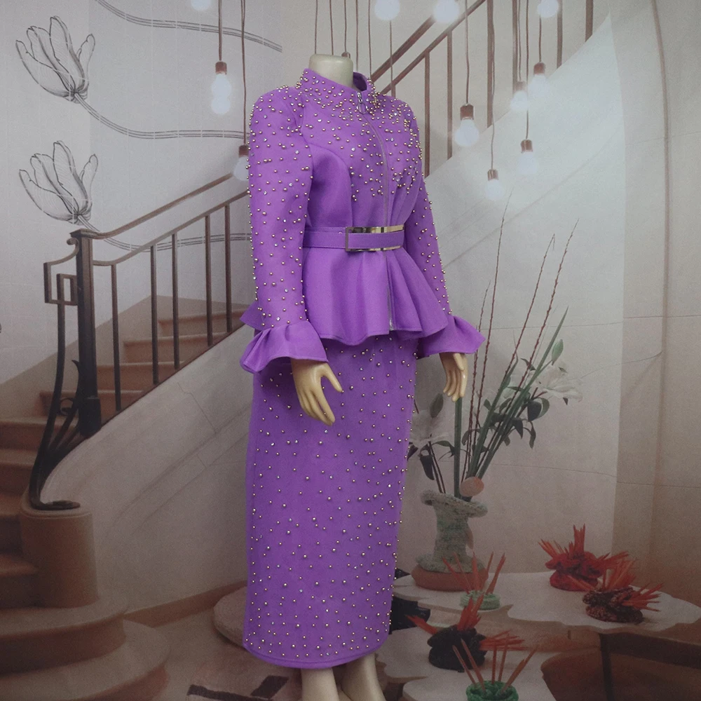 Fashion Suit African Dresses for Woman Rhinestone Turkey Dresses for Women Luxury High Quality Mesh Fabric African Beaded Dress