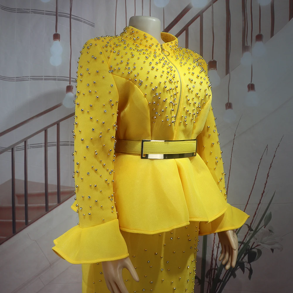 Fashion Suit African Dresses for Woman Rhinestone Turkey Dresses for Women Luxury High Quality Mesh Fabric African Beaded Dress