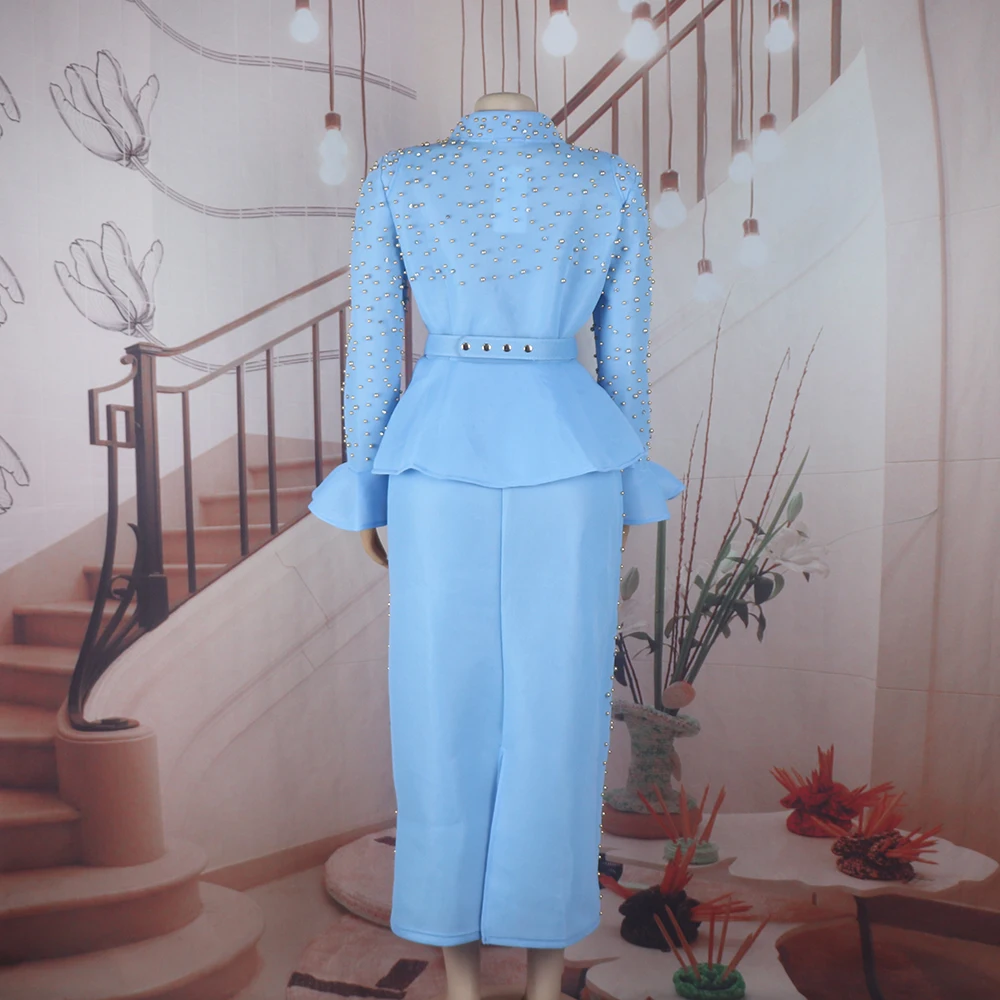 Fashion Suit African Dresses for Woman Rhinestone Turkey Dresses for Women Luxury High Quality Mesh Fabric African Beaded Dress