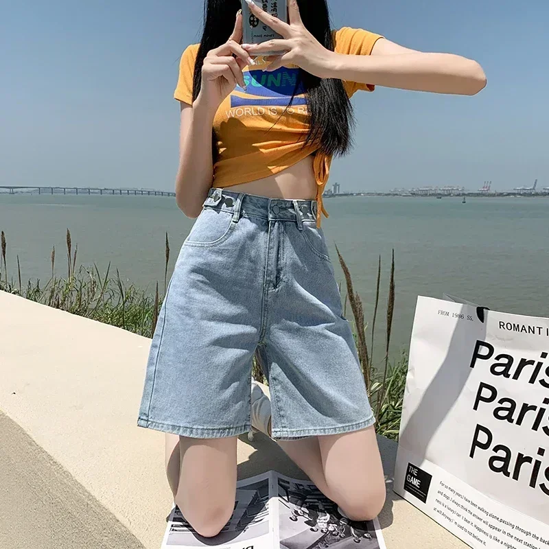 Summer New Women's Short Jeans Y2K Retro Street Fashion Casual Denim Shorts Female High Waisted Loose Straight Leg Denim Shorts