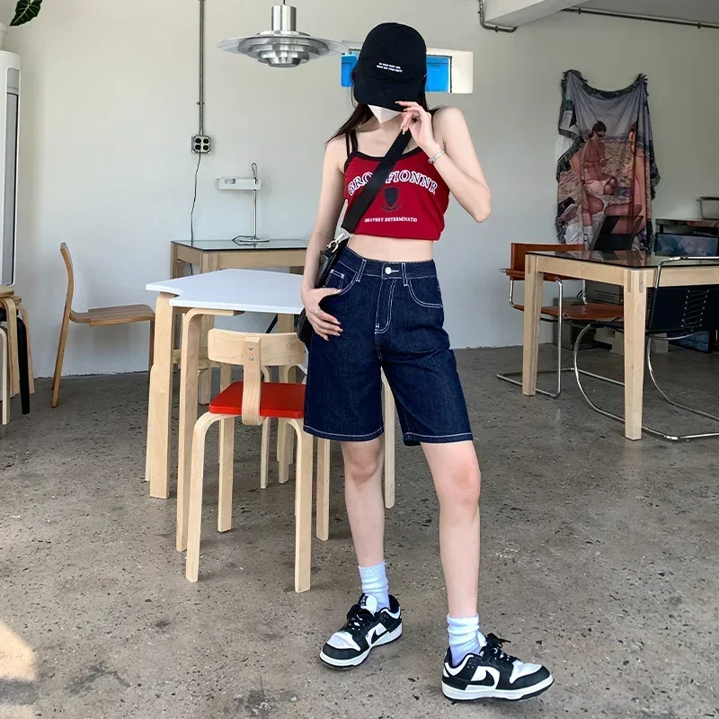 Summer New Women's Short Jeans Y2K Retro Street Fashion Casual Denim Shorts Female High Waisted Loose Straight Leg Denim Shorts