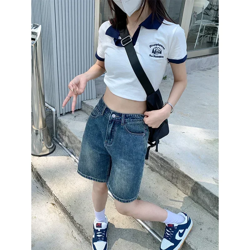 Summer New Women's Short Jeans Y2K Retro Street Fashion Casual Denim Shorts Female High Waisted Loose Straight Leg Denim Shorts