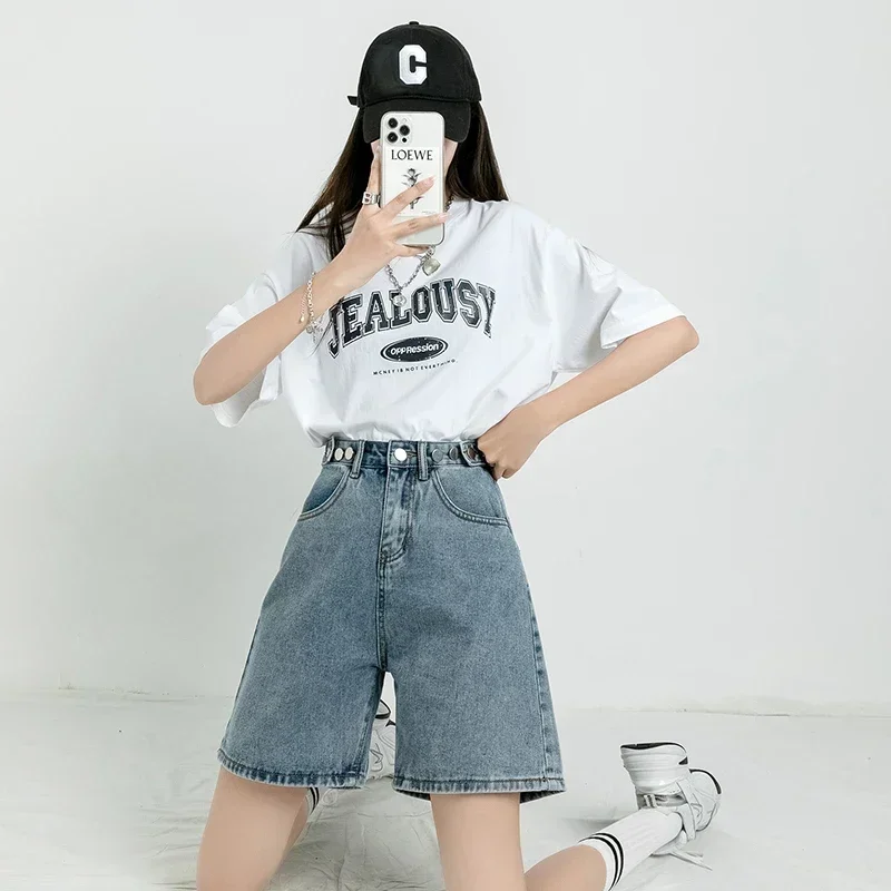 Summer New Women's Short Jeans Y2K Retro Street Fashion Casual Denim Shorts Female High Waisted Loose Straight Leg Denim Shorts