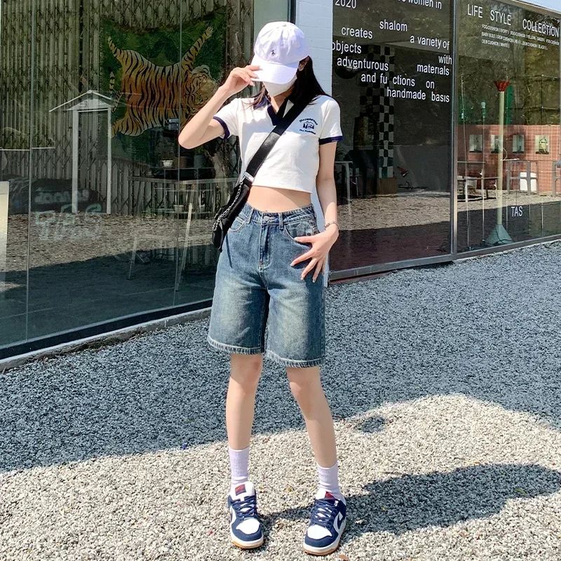 Summer New Women's Short Jeans Y2K Retro Street Fashion Casual Denim Shorts Female High Waisted Loose Straight Leg Denim Shorts