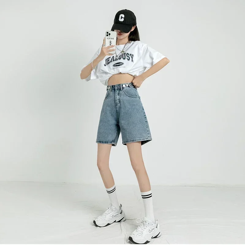Summer New Women's Short Jeans Y2K Retro Street Fashion Casual Denim Shorts Female High Waisted Loose Straight Leg Denim Shorts